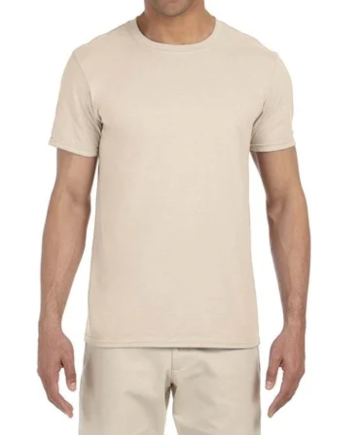 Beige T shirt with "Your Design Here" with a male model