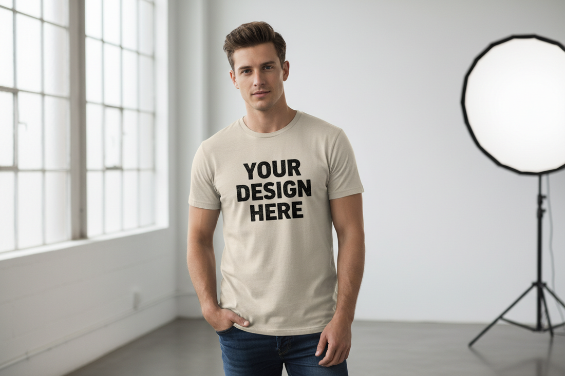 Beige T shirt with "Your Design Here" with a male model